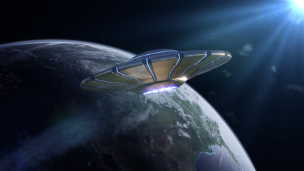 UFO, alien spaceship in orbit of planet Earth, visiting flying saucer  © dottedyeti