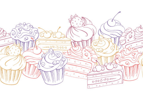 Muffin dessert graphic color sketch seamless pattern background illustration vector