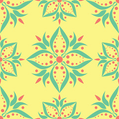 Yellow floral seamless pattern. Colored background with pink and green flower design