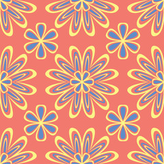 Flower design seamless pattern. Bright yellow and blue flower elements on salmon red background