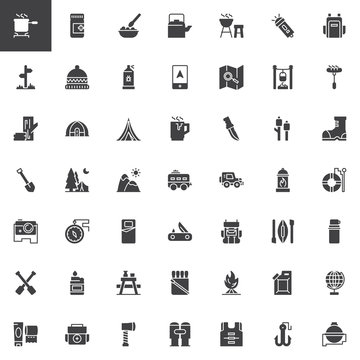 Camping vector icons set, modern solid symbol collection, filled style pictogram pack. Signs, logo illustration. Set includes icons as Pot on fire, Kettle, Grill, Spray, Gps, Map, Logs, Tent Trailer