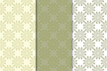 Olive green floral designs. Set of seamless patterns