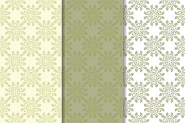 Olive green floral designs. Set of seamless patterns