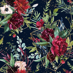 Aquarel naadloze patroon. Floral geometrische illustratie - Bourgondië bloemen boeket met gouden geometrische vormen op marine achtergrond. Bruiloft briefpapier, groeten, wallpapers, mode, achtergrond.