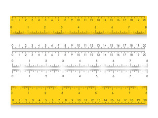 School measuring ruler with centimeters and inches. Size indicators with different unit distances. Vector illustration
