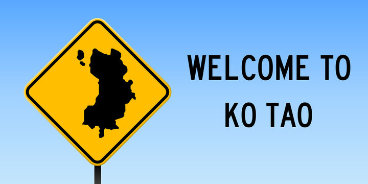 Ko Tao map on road sign. Wide poster with Ko Tao island map on yellow rhomb road sign. Vector illustration.