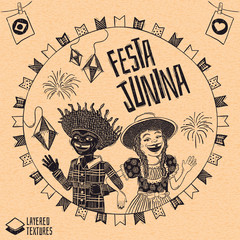 Happy multiracial hick couple waving - Brazilian June Party with diversity. Detailed vector for june party themes. Removable wood texture. Made in Brazil with love.