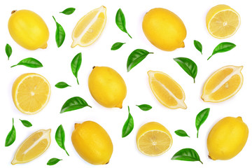 lemon and slice decorated with green leaves isolated on white background. Flat lay, top view