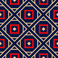 Geometric blue seamless background. Colored red and beige pattern