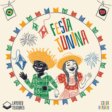 Happy multiracial hick couple waving - Brazilian June Party with diversity. Detailed vector for june party themes. Removable wood texture. Made in Brazil with love.