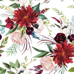 Aquarel naadloze patroon. Floral illustratie - Bourgondië, roze, blush bloemen boeketten op witte achtergrond. Bruiloft briefpapier, groeten, wallpapers, mode, achtergrond.