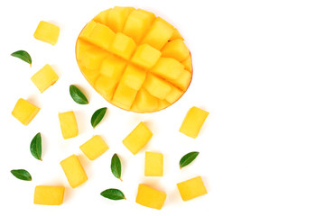 half of Mango fruit decorated with leaves isolated on white background with copy space for your text. Top view. Flat lay