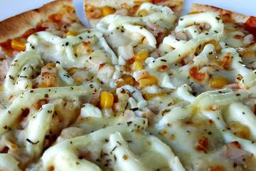 Italian Pizza Margherita (Margarita) with seafood . close up .