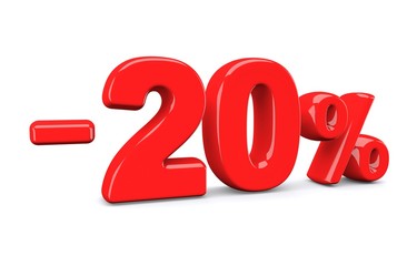 20 percent off discount sign. Red text is isolated on white. 3d render