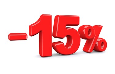 15 percent off discount sign. Red text is isolated on white. 3d render