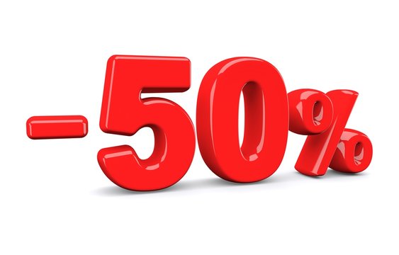 50 percent off discount sign. Red text is isolated on white. 3d render