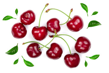 Sweet red cherries isolated on white background. Top view. Flat lay pattern