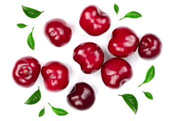Sweet red cherries isolated on white background. Top view. Flat lay pattern