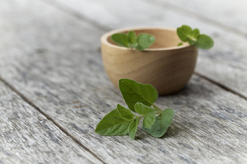 Herb Oregano in a bowl on rustic wooden
