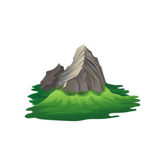 High rocky mountain surrounded with bright green meadow. Natural landscape. Mountaineering or climbing theme. Flat vector design