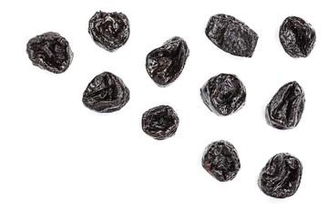 Dried plum - prunes isolated on a white background with copy space for your text. Top view. Flat lay