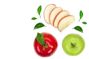 red and green apples with slices and leaves isolated on white background with copy space for your text. top view. Flat lay