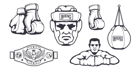 Set of different elements for box design - boxing gloves, boxer man, boxing helmet, punching bag, boxing belt. Sports equipment set. Fitness illustrations. Sport Club logo. Vector graphics to design.