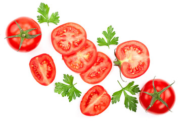 tomatoes with parsley leaves isolated on white background. Top view. Flat lay