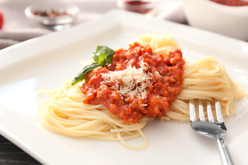 Delicious pasta with meat sauce on plate
