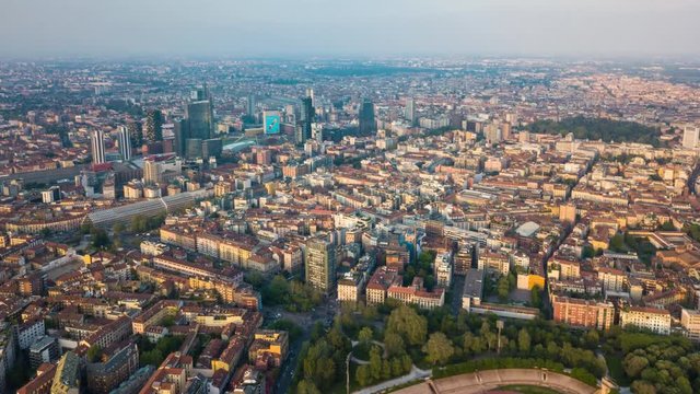 sunny day milan city park stadium aerial panorama 4k timelapse italy
