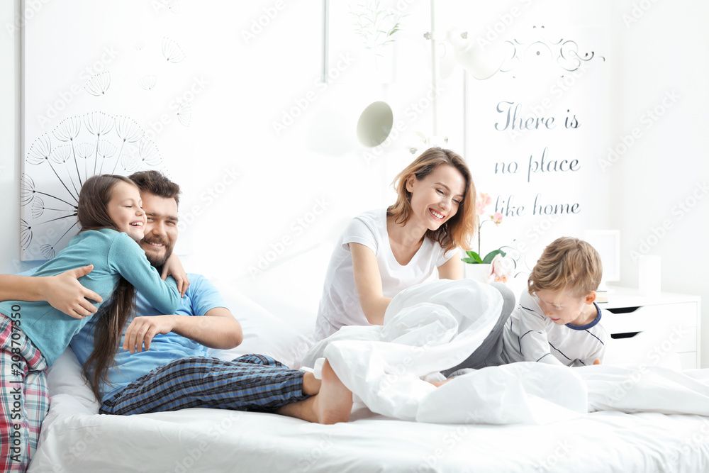 Poster beautiful morning of happy family in bedroom