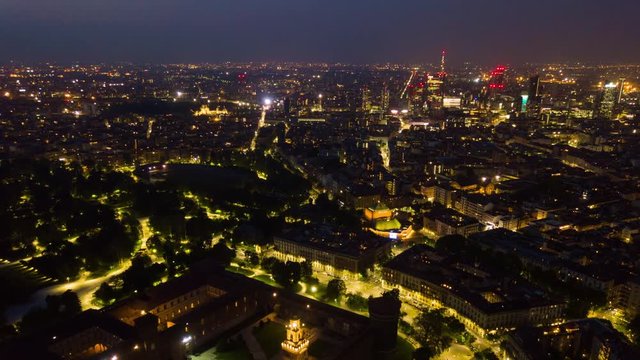 night illuminated malan city center park aerial panorama 4k timelapse italy
