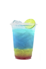Fresh rainbow color blue hawaii , strawberry, pine apple syrup and ice cube with soda and lime on...