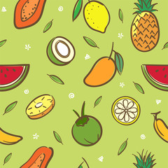 Mix tropical fruits seamless pattern background vector format in hand drawing cartoon style