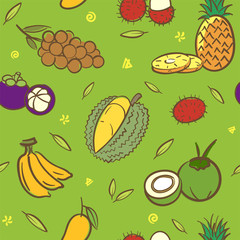 Mix tropical Thai fruits seamless pattern background vector format in hand drawing cartoon style