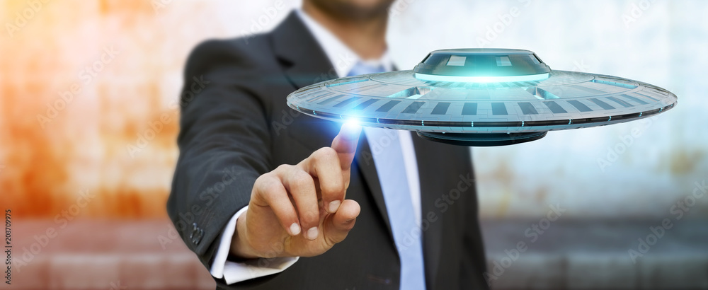 Poster Businessman with retro UFO spaceship 3D rendering