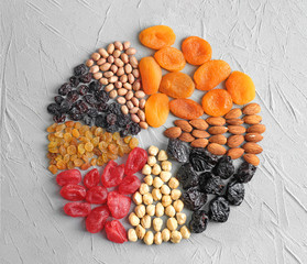 Different kinds of nuts and dried fruits on table