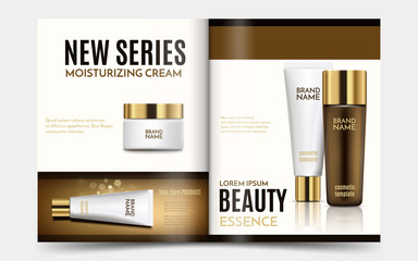 A beautiful cosmetic templates for ads. Creative magazine with skin care products or hair oil. Golden bottle, white tube and jar for moisturizing cream. Vector illustration, eps10