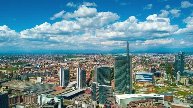 sunny day milan city modern downtown aerial panorama 4k timelapse italy
