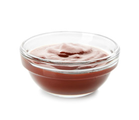 Barbecue sauce in glass bowl on white background