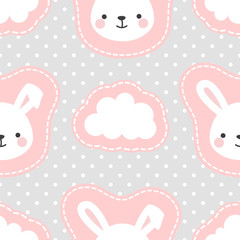 Cute White Bunny Rabbit with Cartoon Cloud Seamless Pattern Background, Vector illustration
