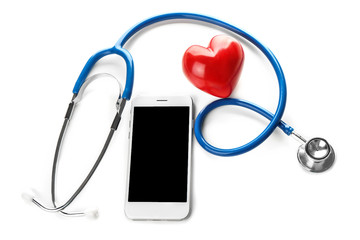 Stethoscope with small heart and phone on white background