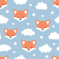 Cute Fox Seamless Pattern, Animal Background with Clouds for Kids