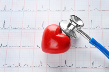 Small heart stethoscope on cardiogram, closeup