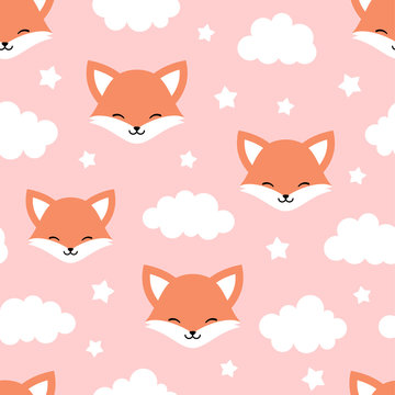 Cute Fox Seamless Pattern, Animal Background with Clouds for Kids