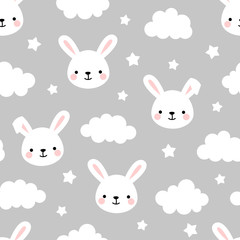 Cute Rabbit Seamless Pattern, Animal Background with Clouds for Kids