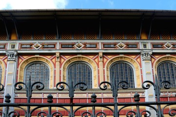 Detail view on the side wall of the beautiful decorated Bibliothek Schoelcher in Fort-de-France,...