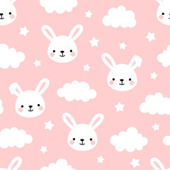 Cute Rabbit Seamless Pattern, Animal Background with Clouds for Kids