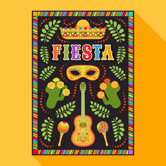 Fiesta postcard, cactus, sombrero, maraca, guitar