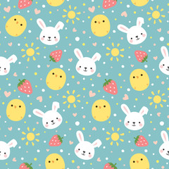 Fototapeta premium Cartoon Bunny and Cute Chick Seamless Pattern, Easter or Kid Vector Illustration Background with Strawberry